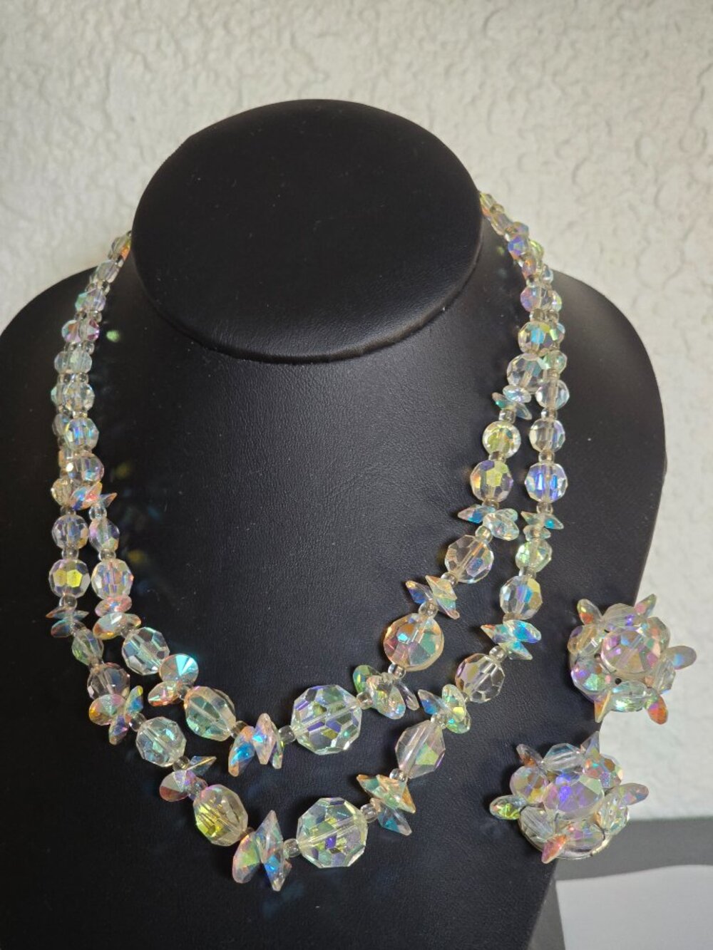 Vintage Vendome style crystal necklace & clip on earring set aurora borealis